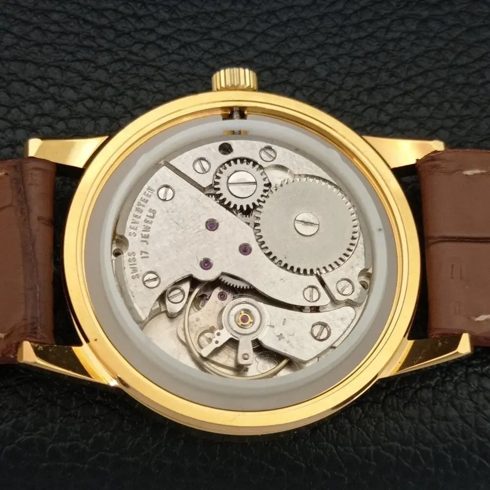 Vintage 1978 Montine Of Switzerland  Manual Mens Gold Watch W/Brown Strap